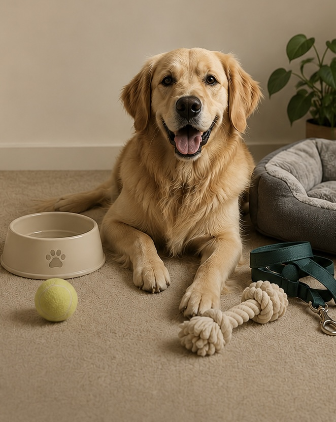 Pet care edit — a happy golden retriever with toys and treats